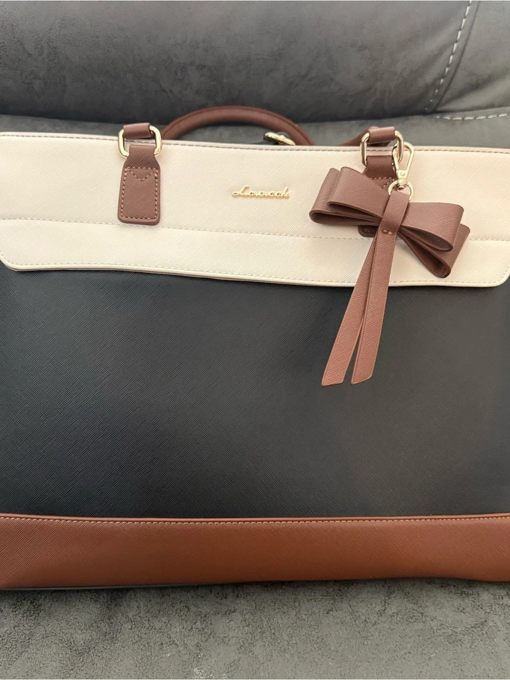 Ladies Three-Tone Laptop Tote Bag in Black, Cream & Brown